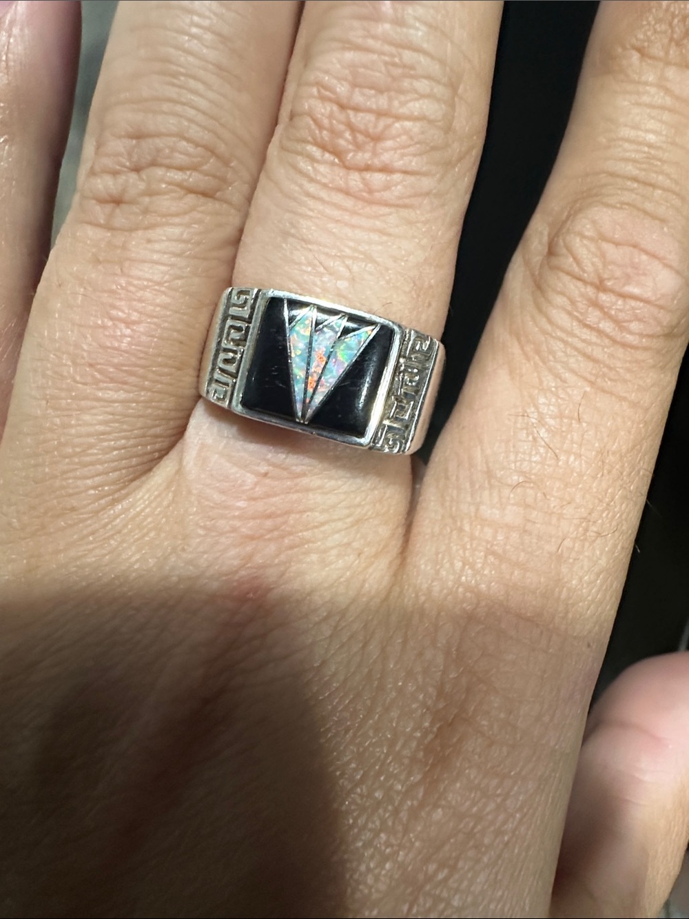 Men's Sterling Silver Southwestern Inlay Ring - Onyx & Fire Opal - Size 11
